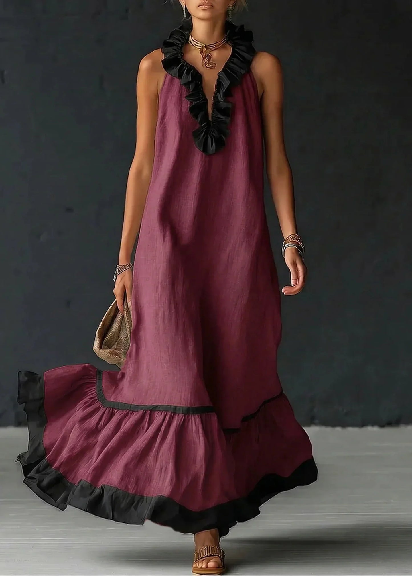 Robe Longue Fluide à Volants Chic