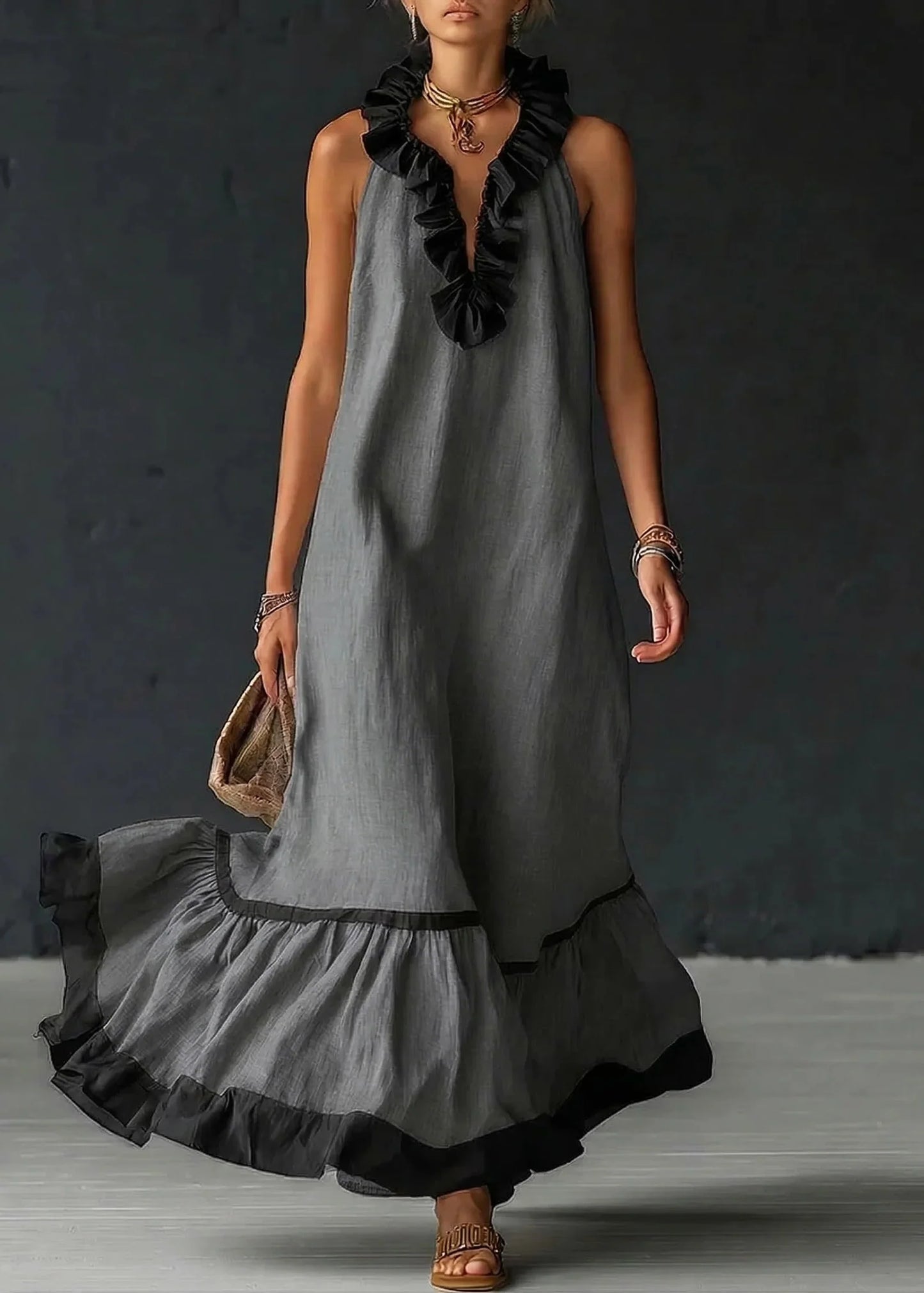 Robe Longue Fluide à Volants Chic