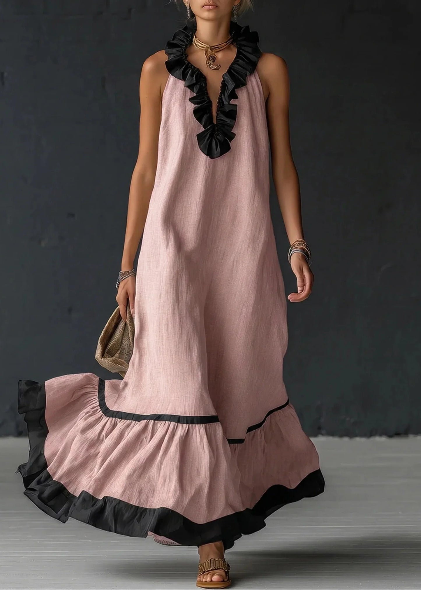 Robe Longue Fluide à Volants Chic