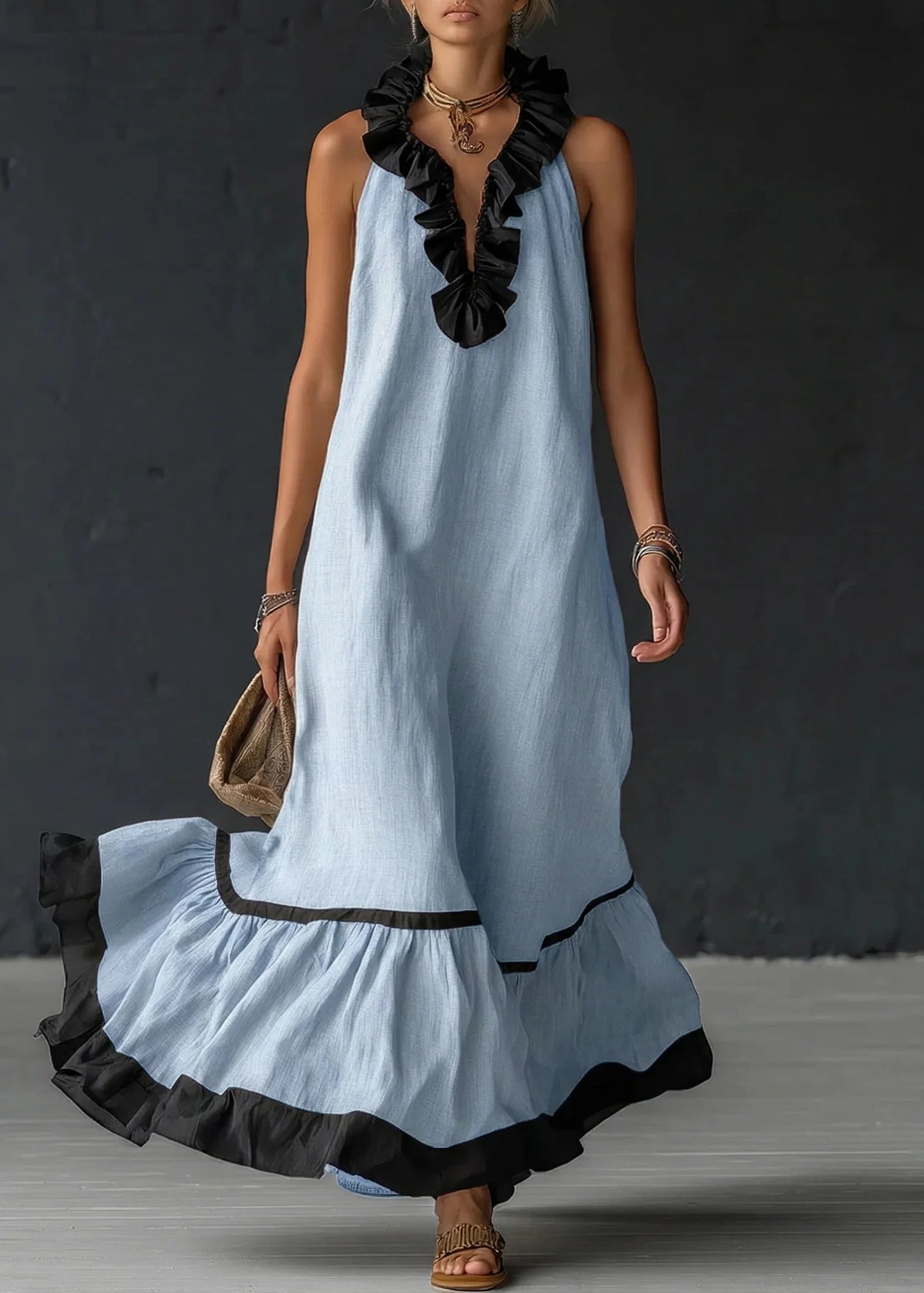 Robe Longue Fluide à Volants Chic
