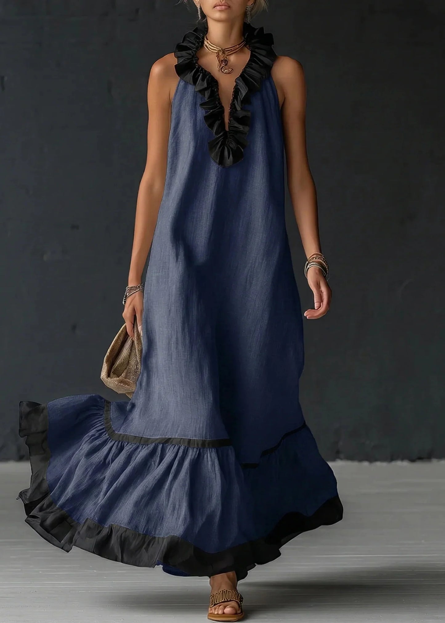 Robe Longue Fluide à Volants Chic